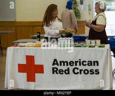Das amerikanische Rote Kreuz ist eine humanitäre Organisation, die 1881 gegründet wurde und in den Vereinigten Staaten Soforthilfe und Blutversorgung anbietet, während die Japanische Rote Kreuz-Gesellschaft 1877 gegründet wurde, um medizinische Hilfe und Katastrophenhilfe in Japan zu leisten. Am 23. August 2017 koordinierte das Personal eine Blutfahrt auf der Marine Corps Air Station Iwakuni in der Präfektur Yamaguchi. Das Archivbild zeichnet die Aktivitäten der Spenderunterstützung bei der Installation auf. Stockfoto