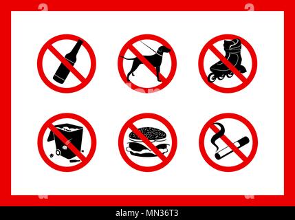 Runde rote Schilder Verbot zu Fuß von Hunden, über das Trinken Spirituosen, auf ihre eigene Nahrung bringen, zum Skaten, für Abfall, für das Rauchen Stock Vektor