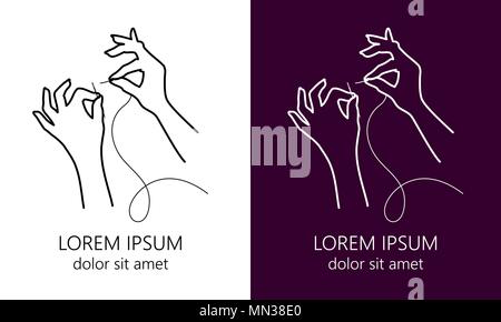 Gewinde mit Gewinde in Nadel mit seinen Händen. In zwei Farbvarianten. Stock Vektor