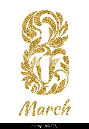 8. März. Dekorative Schriftart aus Strudel und florale Elemente mit gold glitzer auf weißem Hintergrund Stock Vektor
