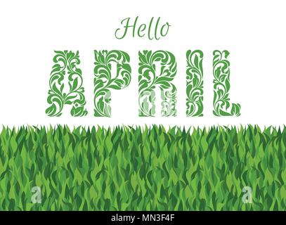 Hallo APRIL. Dekorative Schriftart in Strudel und florale Elemente auf einem weißen Hintergrund gemacht Stock Vektor