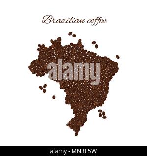 Brasilianischer Kaffee. Karte von Brasilien erstellt von Kaffeebohnen auf einem weißen Hintergrund. Stock Vektor