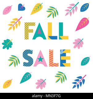 Herbst Verkauf. Trendy geometrische Schrift in Memphis Stil der 80s-90s. Vector Hintergrund mit bunten Blätter im Herbst auf weißem Hintergrund Stock Vektor