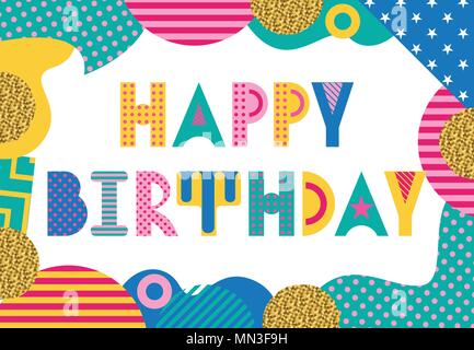 Stilvolle Grußkarte. Alles Gute zum Geburtstag. Trendy geometrische Schrift in Memphis Stil der 80s-90s. Rechteckiger Rahmen aus abstrakten geometrischen Elemente Stock Vektor