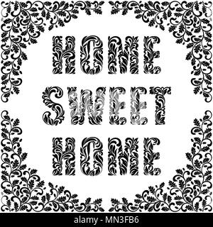 Home, sweet Home. Dekorative Schriftart in Strudel und floralen Elementen gemacht. Frame twisted Filialen mit Eiche Blätter und Eicheln isoliert auf einem weißen eingerichtet Stock Vektor