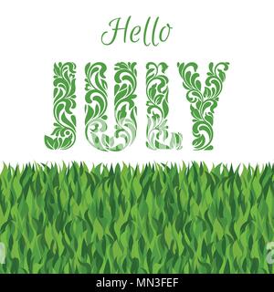 Hallo JULI. Dekorative Schriftart in Strudel und florale Elemente auf einem weißen Hintergrund mit Gras isoliert. Stock Vektor