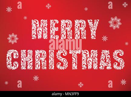 Frohe Weihnachten. Text aus floralen Elementen auf einem roten Hintergrund. Grußkarte oder Poster. Stock Vektor