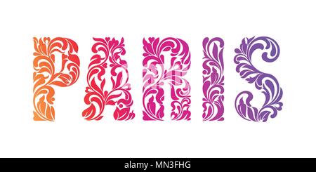 PARIS. Dekorative Schriftart in Strudel und florale Elemente auf einem weißen Hintergrund. Stock Vektor
