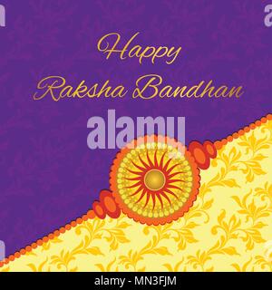 Happy Raksha Bandhan. Elegante Grußkarten mit schönen rakhi für Indische Festival von Bruder und Schwester Liebe, Feier. Lila dekoriert und Yel Stock Vektor