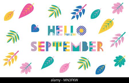 Hallo SEPTEMBER. Trendy geometrische Schrift in Memphis Stil der 80s-90s. Abstrakte geometrische Hintergrund Stock Vektor