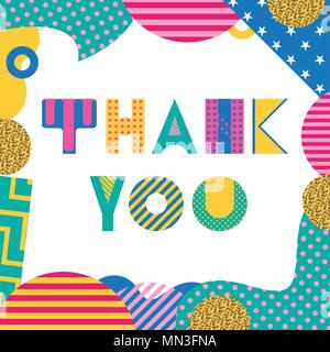 Danke Karte. Trendy geometrische Schrift in Memphis Stil der 80s-90s. Vom abstrakten geometrischen Elemente Frame Stock Vektor