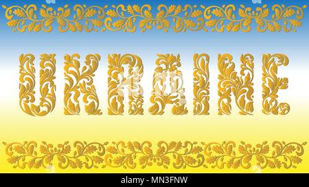 Wort Ukraine. Golden dekorative Schriftart in Strudel und floralen Elementen gemacht. Blauer und gelber Hintergrund mit einer Grenze von einer Eiche ornament Stock Vektor