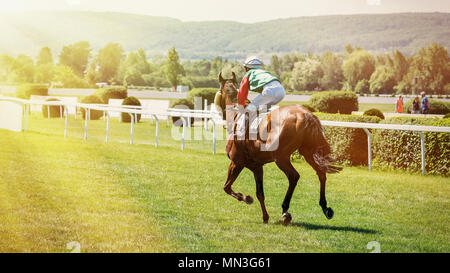 Racing Pferd erste kommen Linie zu beenden. Rennpferd mit Jockeys bei einem Pferderennen. Jockeys läuft in der Rennstrecke. Stockfoto