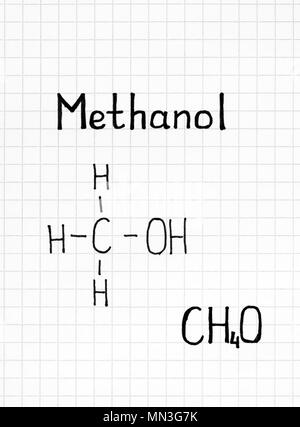 Die chemische Formel von Methanol. Close-up. Stockfoto