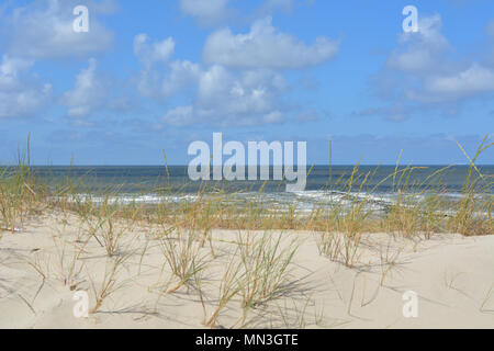 Ansicht zwischen zwei Dünen, mit Strand Gras gewachsen, auf einer Nordsee strand von Texel. Insel in Holland. Stockfoto