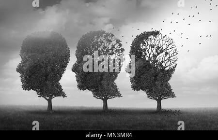 Konzept der Gedächtnisverlust und Gehirn aufgrund von Demenz und Alzheimer Krankheit Altern als medizinische Symbol mit fallen Bäume als einem menschlichen Kopf geformt. Stockfoto