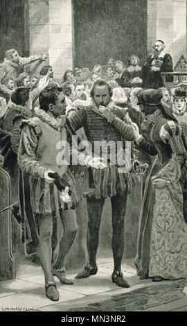 John Knox, gegen die vorgeschlagene Ehe von Maria Stuart predigen. Gegen die Katholischen Don Carlos, Sohn von Philipp II. von Spanien, Kanzel von St Giles', Edinburgh, Schottland, 1563 Stockfoto