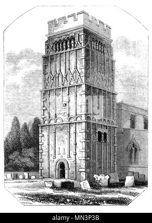 Der Turm von All Saints' Church, Earls Barton, einem bekannten angelsächsischen Kirche von England Pfarrkirche in Earls Barton, Northamptonshire. Es wird geschätzt, dass das Gebäude stammt aus dem 10. Jahrhundert später, kurz nach dem dänischen Luftangriffe auf England. Nach der Normannischen Eroberung Englands ein angelsächsischer namens Waltheof der ersten Earl hatte von Northampton. Er war verheiratet mit der Nichte von William ICH, Judith, und sie Land wurde am Barton gewährt später genannt Earls Barton. Stockfoto