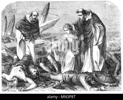 Die Entdeckung der Körper von König Harold von seiner Gemahlin, Edith der Messe, nach der Schlacht von Hastings kämpften am 14. Oktober 1066 zwischen den Norman-French Armee von William, Herzog der Normandie, und eine englische Armee unter den angelsächsischen König Harold Godwinson, Beginn der normannischen Eroberung Englands. Es dauerte ungefähr 7 Meilen (11 km) nordwestlich von Hastings, in der Nähe der heutigen Stadt Battle, East Sussex, und war ein entscheidender Norman Sieg. Stockfoto