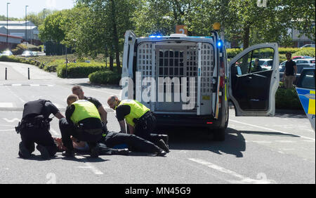 Kingston Park / Newcastle upon Tyne, Großbritannien. 14. Mai 2018. Northumbria Polizisten festnehmen und einen Verdächtigen außerhalb Tesco Supermarkt zurückhalten. Joseph Gaul/Alamy Leben Nachrichten. Stockfoto