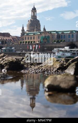 09 Mai 2018, Dresden, Deutschland: Frauenkirche liegt an den Ufern der Elbe in einer Pfütze wider. Foto: Sebastian Kahnert/dpa-Zentralbild/dpa Stockfoto