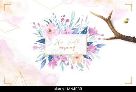 Handzeichnung isoliert boho Aquarell Blumen gold Blumensträuße mit Blätter, Zweige, Blumen. Böhmische grün Kunst im Vintage Style. Elemente für greeti Stockfoto