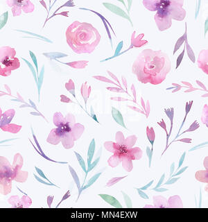 Aquarell floralen Muster. Nahtlose Muster mit lila, gold und rosa Blumenstrauß auf weißem Hintergrund. Blumen, Rosen, Pfingstrosen und Blätter Stockfoto