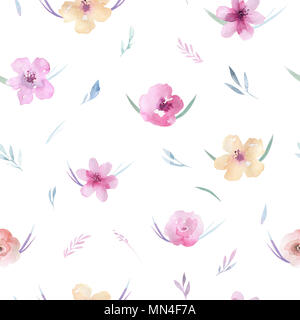 Aquarell floralen Muster. Nahtlose Muster mit lila, gold und rosa Blumenstrauß auf weißem Hintergrund. Blumen, Rosen, Pfingstrosen und Blätter Stockfoto