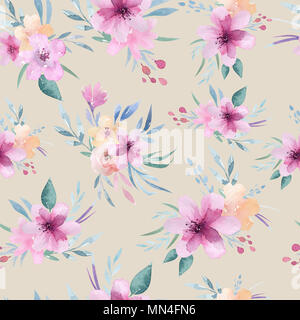 Aquarell floralen Muster. Nahtlose Muster mit lila, gold und rosa Blumenstrauß auf weißem Hintergrund. Blumen, Rosen, Pfingstrosen und Blätter Stockfoto