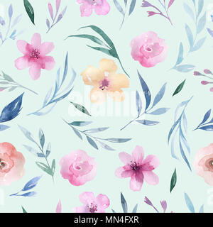 Aquarell floralen Muster. Nahtlose Muster mit lila, gold und rosa Blumenstrauß auf weißem Hintergrund. Blumen, Rosen, Pfingstrosen und Blätter Stockfoto