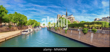 Die Kathedrale Notre Dame in Paris im Frühjahr von der Brücke "Pont de l Archeveche'', Panoramic Image Stockfoto