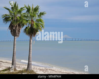 Sunshine Skyway Brücke über die Bucht von Tampa in Florida mit Palmen, Florida, USA Stockfoto