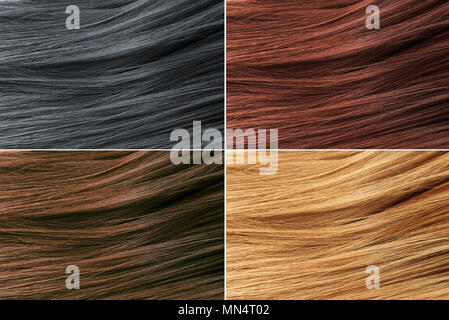 Haar Farben Palette. Haar Textur Hintergrund, Haar Farben eingestellt. Tönungen. Gefärbte Haare Farbmuster. Stockfoto