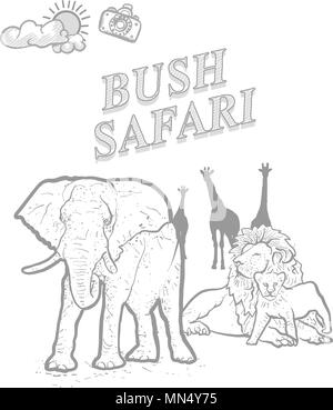Bush Safari reisen Marketing abdecken, von der Hand eines Vektors Zeichnungen gezeichnet. Stock Vektor