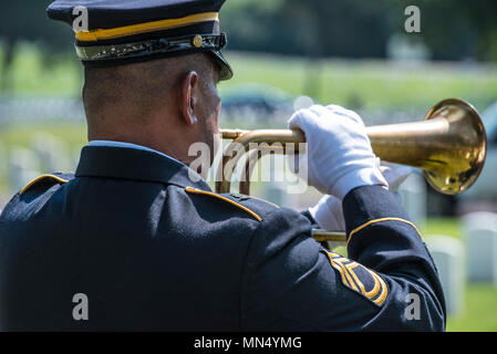 Taps wird während der Beisetzung des U.S. Army Air Forces Staff Sgt gespielt. William 'Blootie' Turner in Nashville National Cemetery in Madison, Tenn., 22.08.2017. Turner war an Bord einer B-26 MARAUDER im Dezember 1943, als das Flugzeug, mit dem Spitznamen "Hell's Fury", unten geschossen alle töten an Bord außer dem Piloten. Nach Jahren harter Arbeit, Turner's Überreste wurden identifiziert und er war richtig militärischen Ehren beigesetzt. (U.S. Armee Foto von Master Sgt. Brian Hamilton/freigegeben) Stockfoto