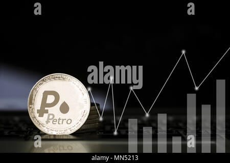 Petro Münze auf Wand mit Finanzen Wachstum graph, Banken, Kapital und Wirtschaft Konzept Stockfoto