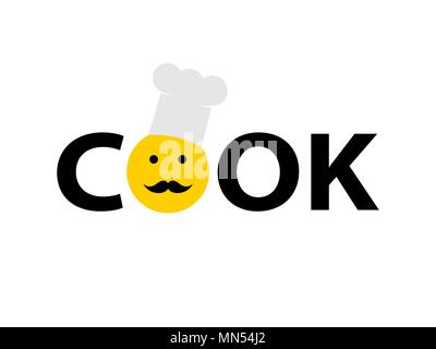Gelbe Smiley in Chef's Gap in Wort Cook auf weißem Hintergrund Stock Vektor