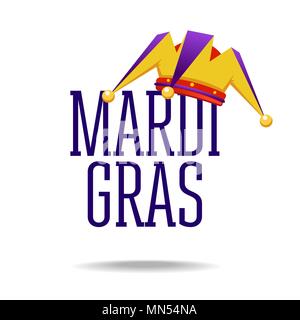 Postkarte für Urlaub Mardi Gras. Inschrift des Mardi Gras mit Bild der Haube der Possenreißer auf weißem Hintergrund Stock Vektor