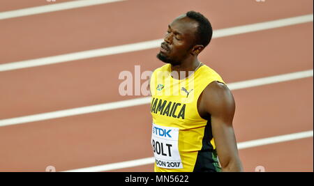 LONDON, ENGLAND - AUGUST 04: Usain Bolt aus Jamaika reagiert, nachdem er die Hitze 6 der Runde 1 der Männer 100 Meter am Tag eins des 17. IAAF Leichtathletik WM 2017 in London an der London Stadion am 4. August 2017 in London, Vereinigtes Königreich. Foto von Paul Cunningham Stockfoto