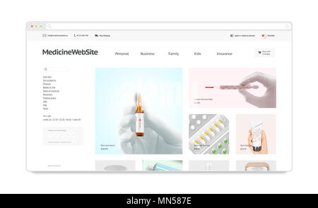 Medizin Webstore Website Vorlage mock up isoliert, 3D-Rendering. Health Care Webseite Schnittstelle mockup. Iatric Internet Website Vorlage. Web Store scr Stockfoto