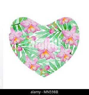 Florale Herz rosa Aquarell Orchideen und grünen Palmen Filiale auf einem weißen Hintergrund. Hand tropischen Hintergrund Stockfoto