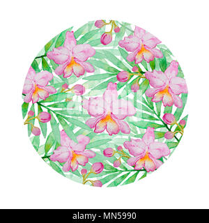 Floral background mit rosa Aquarell Orchideen und grünen Palmen. Hand tropischen Hintergrund Stockfoto