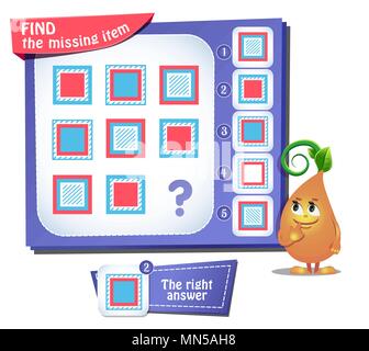 Lernspiel für Kinder und Erwachsene, Puzzle. Entwicklung von Logik, iq. Aufgabe Spiel finden, das fehlende Element Stock Vektor