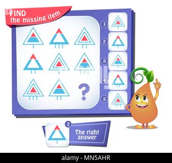 Lernspiel für Kinder und Erwachsene, Puzzle. Entwicklung von Logik, iq. Aufgabe Spiel finden, das fehlende Element Stock Vektor