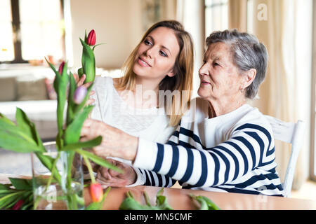 Portrait eines älteren Großmutter mit einem erwachsenen Enkelin zu Hause. Frauen, Blumen in einer Vase. Stockfoto