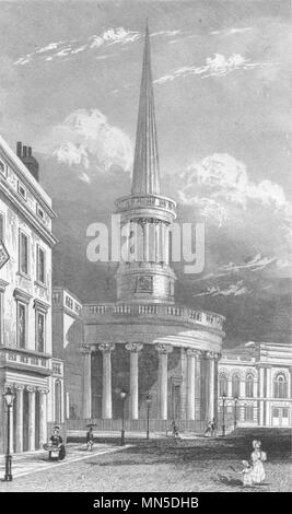 LONDON. All-Souls Kirche, Langham Place, London. Schmidt 1845 alten Drucken Stockfoto