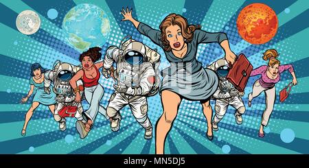 Frauen und Astronauten, die in der Zukunft im Weltraum. Pop Art retro Vektor illustration Comic cartoon Vintage kitsch Zeichnung Stock Vektor