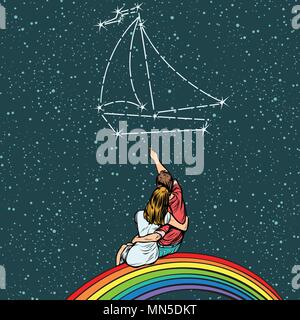 Paar Mann und Frau Traum einer Yacht Cruise. Pop Art retro Comics cartoon Vektor-illustration kitsch Zeichnung Stock Vektor