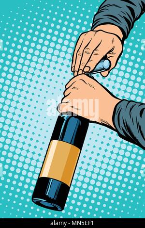 Öffnet eine Flasche Wein. Pop Art retro Vektor illustration Vintage kitsch Zeichnung Stock Vektor