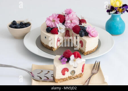 Sommer berry Veganer Käsekuchen. Diese hausgemachten, rohe Kuchen mit Himbeeren, Heidelbeeren und frische Blumen und macht ein leckeres Dessert. Stockfoto